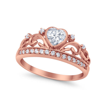 Heart Crown Eternity Ring Rose Tone, Simulated Cubic Zirconia 925 Sterling Silver